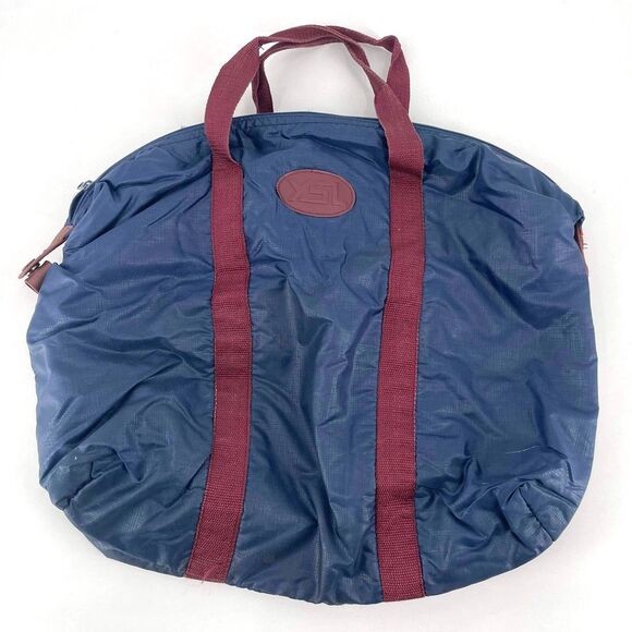 VTG Yves St Laurent Women's Nylon Zip Contrast Burgundy Handle Tote Bag Blue - Picture 1 of 10